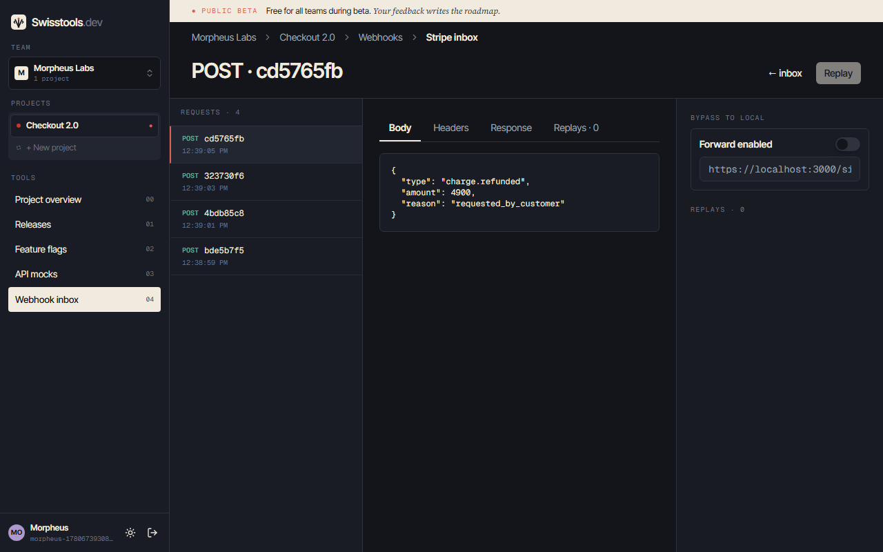 Swisstools webhook inbox showing four captured Stripe events with a selected charge.refunded payload